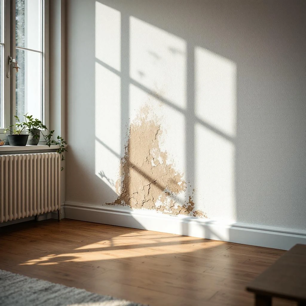 Vochtige muur in Belgische woonkamer - vochtvlekken bij de plint die professionele behandeling vereisen
